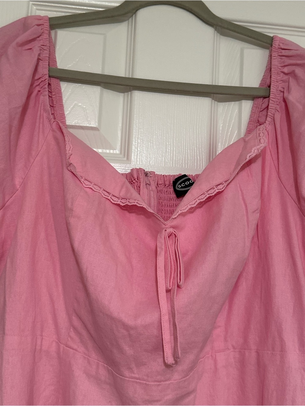 Pretty Pink Midi Dress with Puff Sleeves and Tie Front - Picture 7 of 9